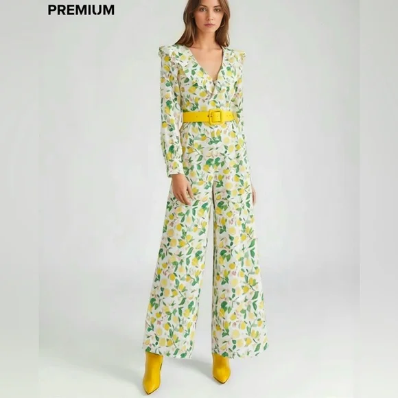 Lemon Print Vintage Look Ruffle V Neck Jumpsuit with Belt Size XL Boutique New - Picture 2 of 6